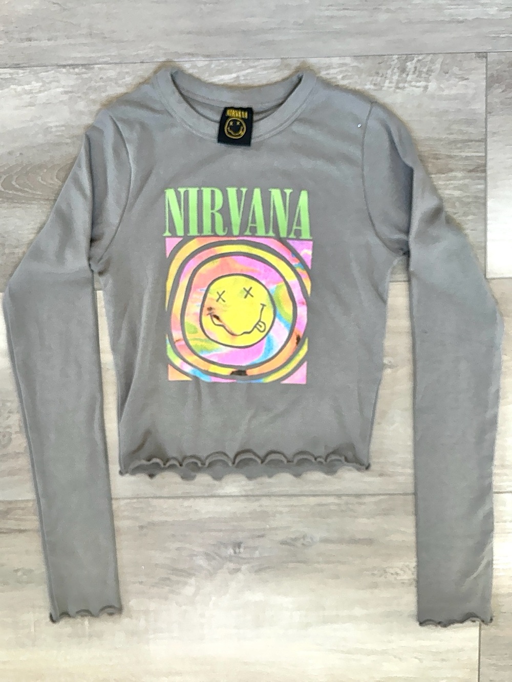 NIRVANA Gray Long Sleeve Graphic Tee with Neon Smiley